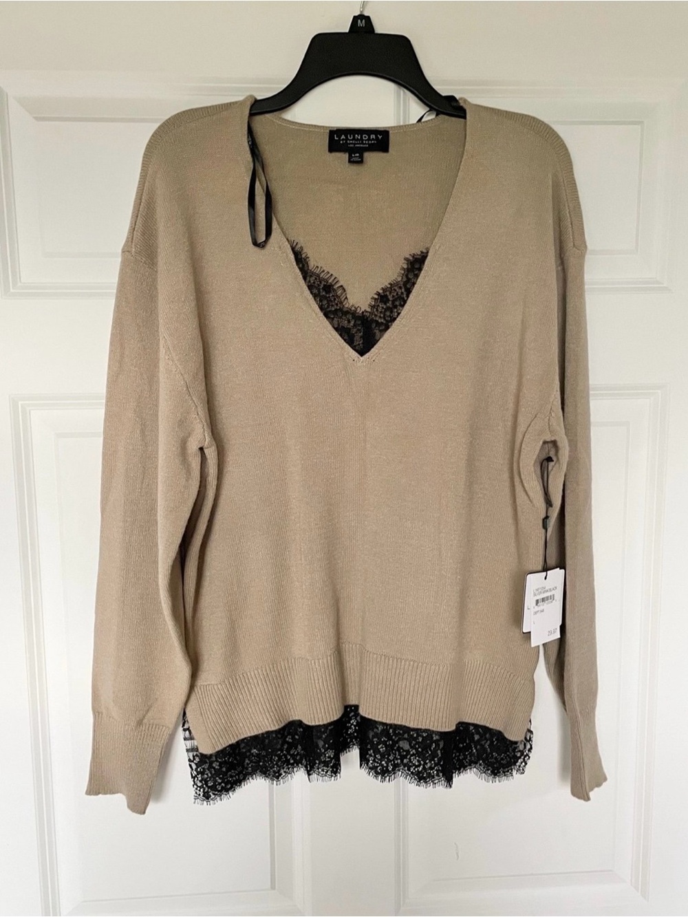 Laundry By Shelli Segal Beige V-Neck Sweater with Black Lace Hem